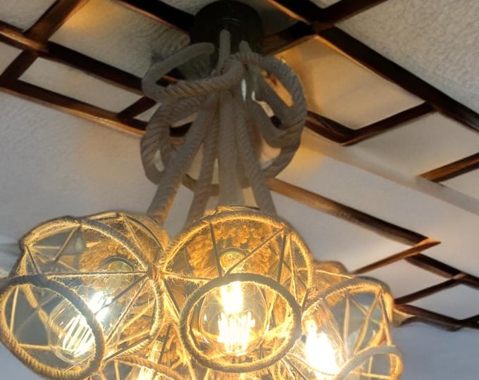 rustic ceiling light, with long rope edison pendants black metal ceiling rose, bunched with 5 hemp metal cages in country farmhouse style