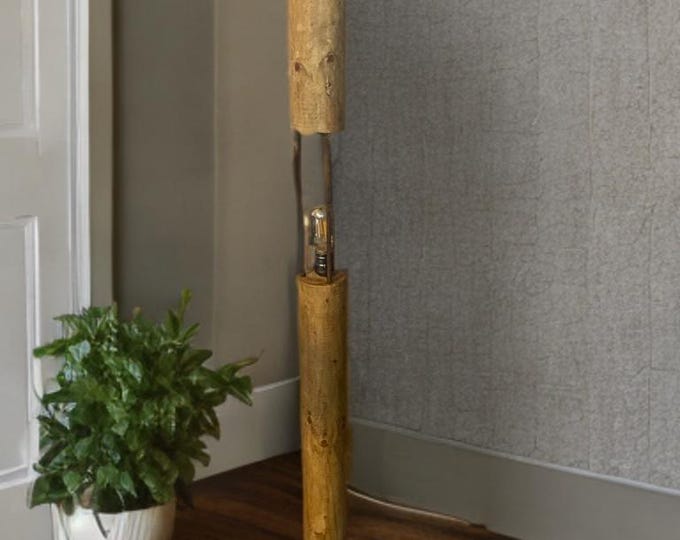 Rustic wooden floor standing lamp, handmade from reclaimed wood with salvaged metal bar and vintage cable with bronze bayonet bulb holder