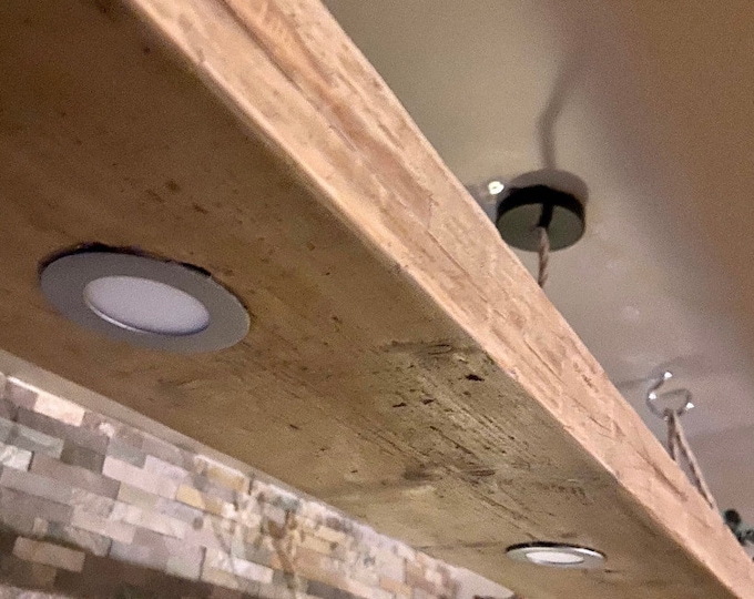 Rustic spotlight light, handmade from recycled boards suspended from ceiling  by rope or chain, ideal for breakfast bar or island light