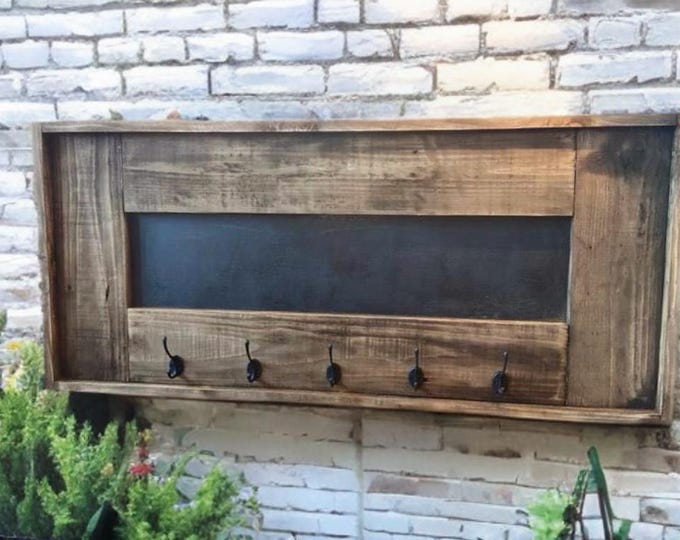 Rustic handmade blackboard with bronze coloured coat hooks, Coat rack/stand wall mounted message board, reclaimed wood with oak wax