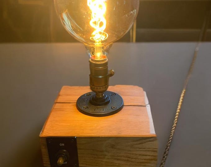 Rustic table/desk lamp/steampunk light,handmade from oak and industrial Edison holder, complete with vintage bulb,with retro switch and wire