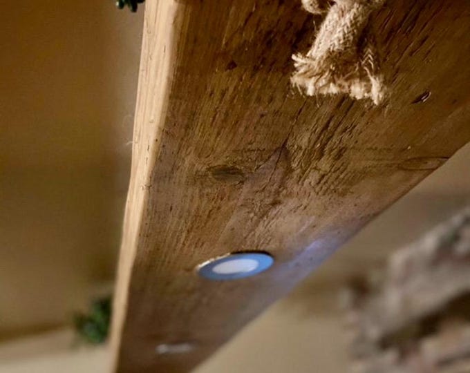 Rustic spotlight light, handmade from recycled boards suspended from ceiling  by rope or chain, ideal for breakfast bar or island light