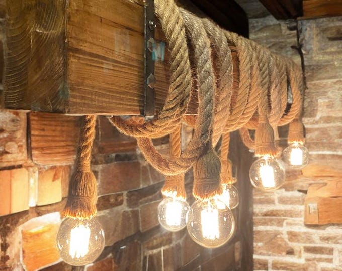 Stunning Rustic solid reclaimed wooden beam ceiling light compete with rope pendants with option for cages hung from metal brackets
