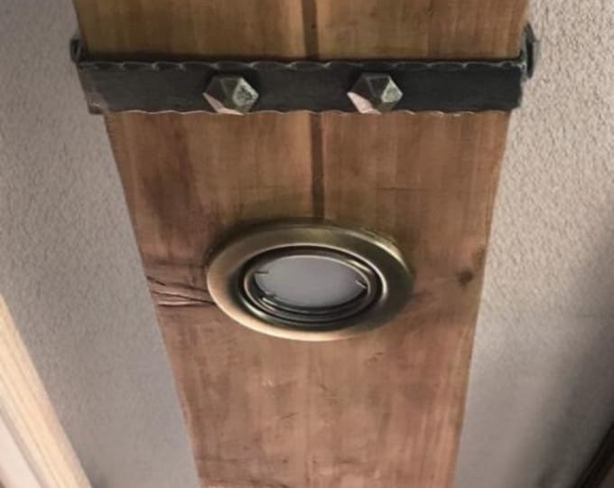 Rustic handmade reclaimed wooden beam light, Brushed aluminium led spotlights, Ornate steel ceiling hanging brackets with chains and hooks