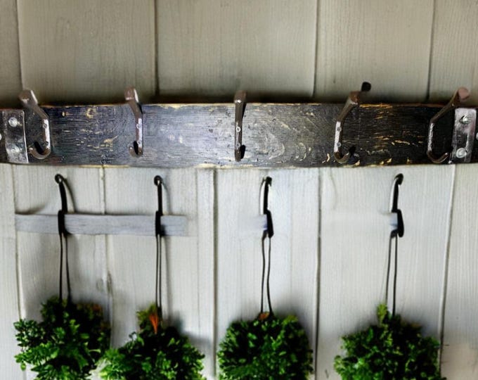Rustic reclaimed Coat hook, coat rack wall mounted repurposed oak whiskey barrel stave with large Nail hooks and  metal ends