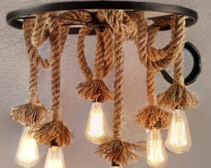 Rustic rope ceiling light, handmade from rope lights attached to either metal or oak effect wooden wheel, Edison pendant bulb holder 30-90cm