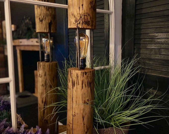 Rustic wooden floor standing lamp, handmade from reclaimed wood with salvaged metal bar and vintage cable with bronze bayonet bulb holder