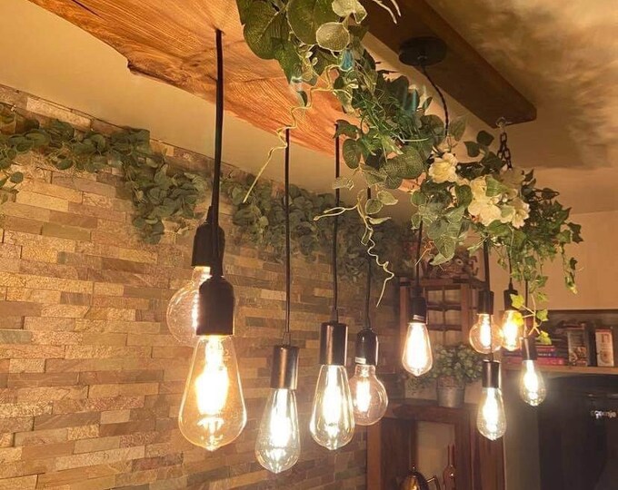 Rustic handmade live edge wooden pendant ceiling light fixture, edison bulb holders and black fittings, waxed in medium oak