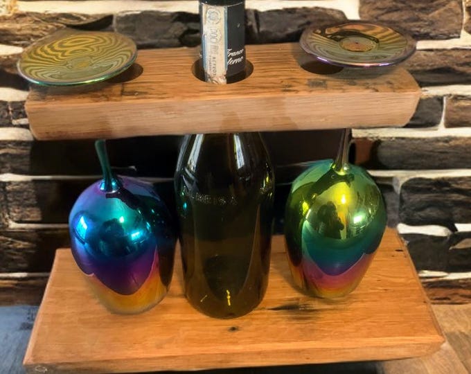 wine bottle and glasses holder, handmade from reclaimed wine/whiskey barrel staves with oak base is from the cask lid wine/whiskey lovers