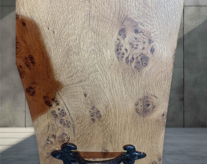 Rustic handmade oak chopping/charcutrie board with brushed chrome handles live edge, made from reclaimed wood, kitchen/cheese boards