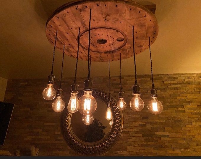 Rustic wooden cable drum chandelier complete with 9 Edison pendant lights in nickel waxed in oak and suspended from metal chain and hooks