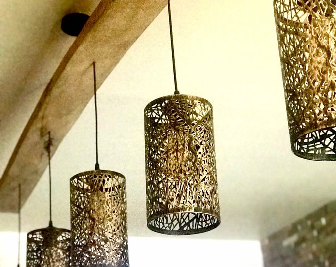 Rustic wooden beam ceiling pendant light, reclaimed wood with 5 hanging Moroccan style brushed copper drum shades, waxed polished finish