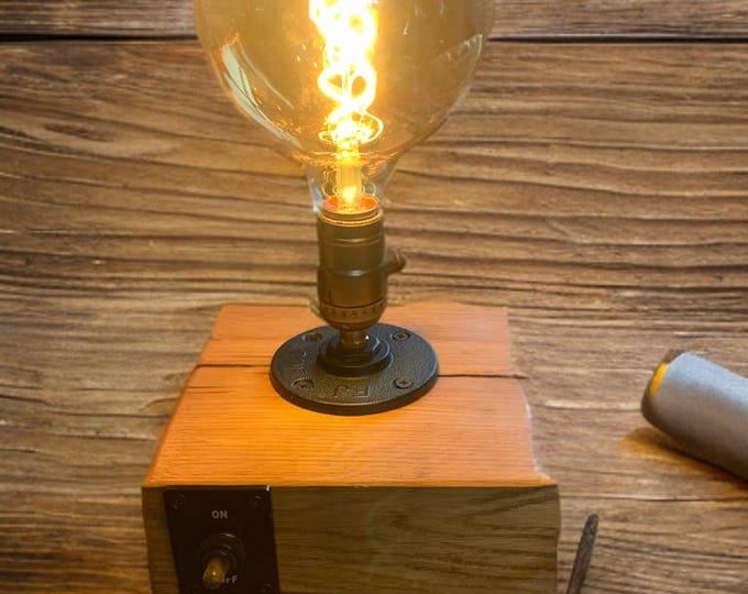 Rustic table/desk lamp/steampunk light,handmade from oak and industrial Edison holder, complete with vintage bulb,with retro switch and wire