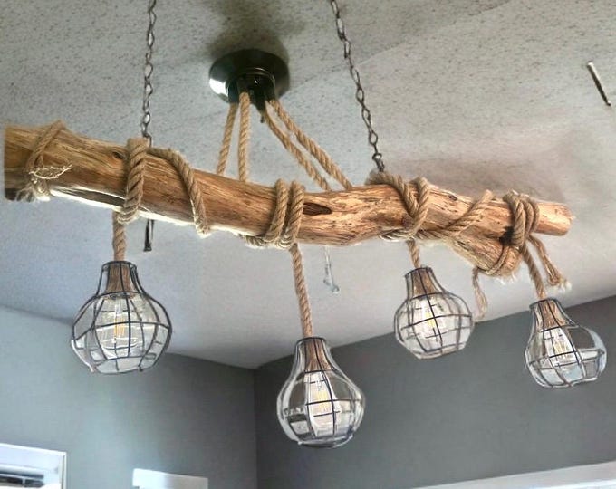 Driftwood rustic ceiling rope pendant light, 5 Edison holders made into natural beam chandelier, handmade wood sourced from Scotland