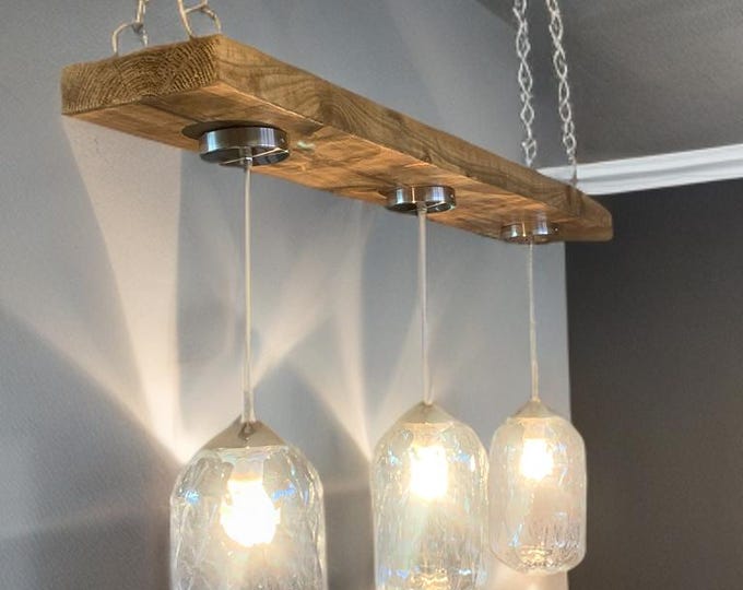 Handmade kitchen island/dinning rustic reclaimed wooden beam light 3 glass shades attached with chrome roses with Edison bulb holders