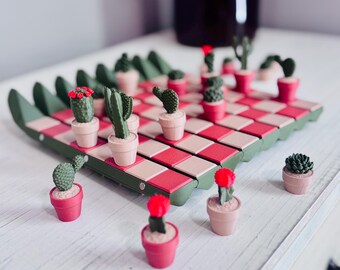 3D Printed Cactus Chess Set • Roll-Up Portable Travel Chess Board • Succulent Plant Chess Pieces • Fun Chess Gift for Plant Lovers