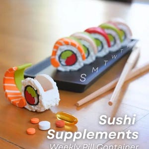 Sushi Pill Organizer – Cute 7-Day Vitamin Case with Checklist & Chopstick Pens | Salmon, Tuna, Avocado, Rice Bento Designs