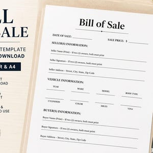 May include: A printable "Bill of Sale" template with the text "Printable Template Instant Download" and "US Letter & A4". The document includes fields for seller and buyer information, vehicle details, and a sale price.