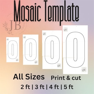 Puede incluir: Una plantilla de mosaico con el número "0" en varios tamaños, de 61 cm a 152 cm. El diseño es un contorno negro sobre fondo blanco, con el texto "Mosaic Template" y "All Sizes Print & cut". El logotipo "JB" es visible.
