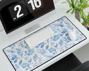 Floral Desk Mat | Blue Botanical Mousepad, Elegant Workspace Decor