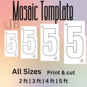 Puede incluir: Una plantilla de mosaico blanca con el número 5 en varios tamaños, incluyendo 61 cm, 91 cm, 122 cm y 152 cm. El texto "Mosaic Template" y "All Sizes Print & cut" se muestran en negro. La plantilla está diseñada para imprimir y cortar.