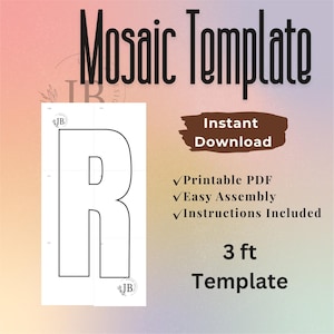 May include: A digital mosaic template featuring a large outline of the letter R on a white background. The text reads Mosaic Template, Instant Download, Printable PDF, Easy Assembly, Instructions Included, and 3 ft Template.