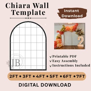May include: A digital download template for a Chiara wall, featuring a black arched grid design. The image includes the text "Chiara Wall Template", "Instant Download", and size options from 2 to 7 feet.