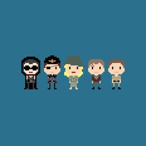 May include: Pixel art illustration of five characters on a teal background. The characters are in various outfits, including a pilot, a woman in a military uniform, and others in casual attire. Each character is rendered in a blocky, pixelated style.