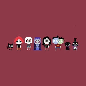 May include: Pixel art illustration of eight spooky characters, including a black cat, a figure with red hair, a skeleton, a bride, a figure with a square head, a zombie, a small black figure, and a figure with a top hat, all against a maroon background.