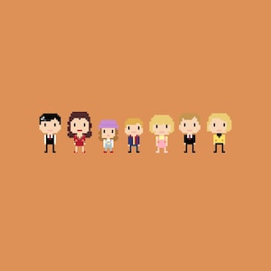 May include: Pixelated illustration of seven characters, each with distinct features and attire. The characters are arranged in a row against a solid orange background. The characters include a person in a black suit, a person in a red dress, and a person in overalls.