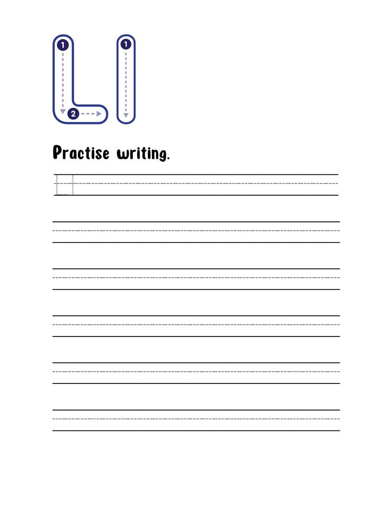 May include: A white educational worksheet featuring the uppercase letters L and I in dark blue outline. Each letter includes numbered directional arrows for stroke order. Below the letters is the text Practise writing and eight lines.