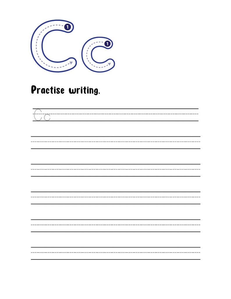 May include: A white educational worksheet featuring the uppercase and lowercase letter C in dark blue with directional arrows and numbers for stroke order. Below the letters, the text reads Practise writing, followed by lined practice rows.