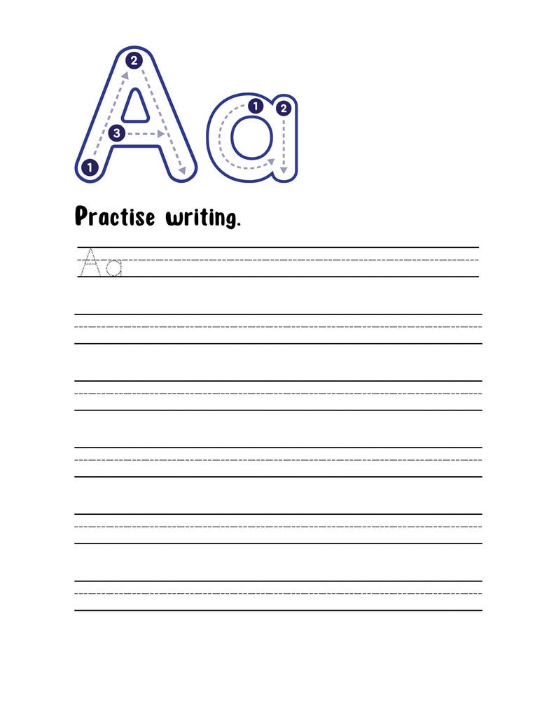 May include: A white educational worksheet featuring the uppercase and lowercase letter A in dark blue with numbered directional arrows for stroke order. Below the text Practise writing, there are several sets of lined rows for handwriting.