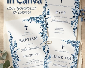 Edytowalny zestaw niebieskich zaproszeń na chrzest, kartki RSVP z podziękowaniami za chrzest (do pobrania w wersji cyfrowej)