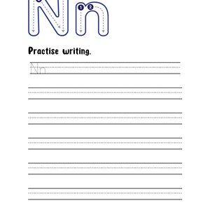 May include: A white educational worksheet featuring the uppercase and lowercase letter Nn in a dark blue outline. The letters include numbered arrows indicating stroke order. Below the text Practise writing, there are eight lines for handwriting.