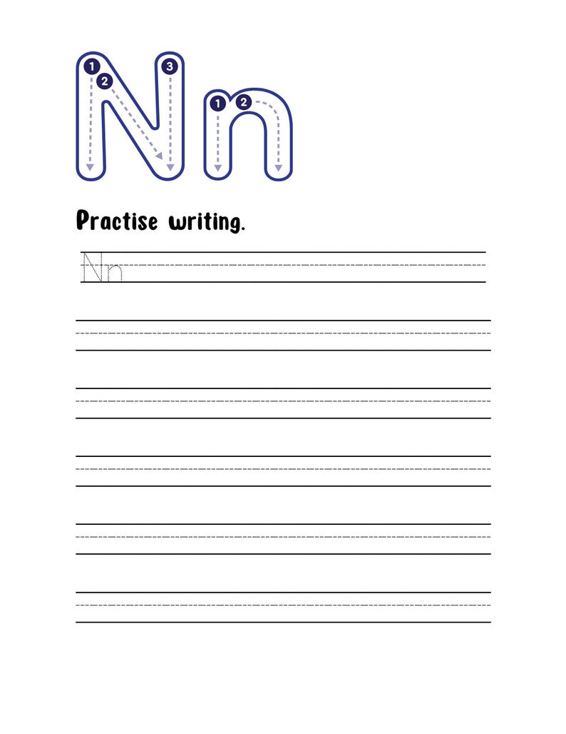 May include: A white educational worksheet featuring the uppercase and lowercase letter Nn in a dark blue outline. The letters include numbered arrows indicating stroke order. Below the text Practise writing, there are eight lines for handwriting.