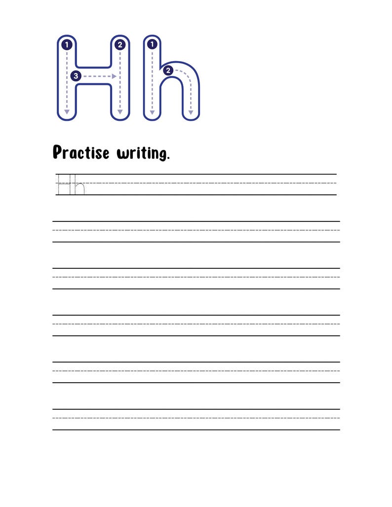 May include: A white educational worksheet featuring the uppercase and lowercase letter Hh in blue, with numbered directional arrows indicating stroke order. Below the letters, the text reads Practise writing, followed by eight sets of lines.