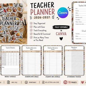 May include: A 2026-2027 teacher planner with a spiral-bound cover featuring school-themed illustrations. The set includes printable pages for personal information, schedules, student data, and attendance, all editable in Canva for A4 paper size.
