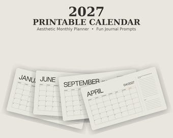 2027 Printable Calendar, Monthly Planner with Journal Prompts, Instant Download PDF
