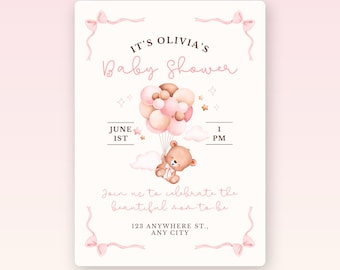 Zaproszenie na baby shower z różowym misiem i balonem, styl boho dla dziewczynek, do druku (do natychmiastowego pobrania)