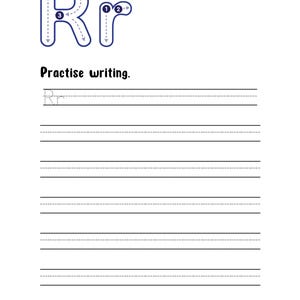 May include: A white educational worksheet featuring the uppercase and lowercase letter R in blue outline with numbered directional arrows for stroke order. Below the text Practise writing, there are six sets of primary-ruled handwriting lines.