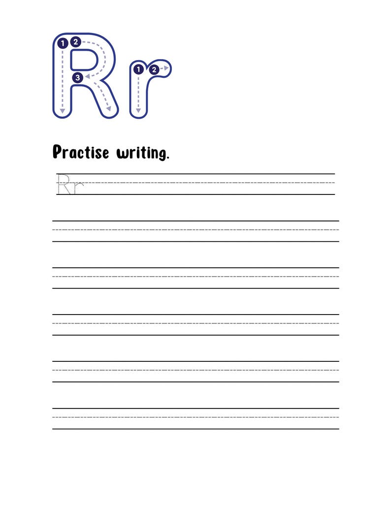 May include: A white educational worksheet featuring the uppercase and lowercase letter R in blue outline with numbered directional arrows for stroke order. Below the text Practise writing, there are six sets of primary-ruled handwriting lines.