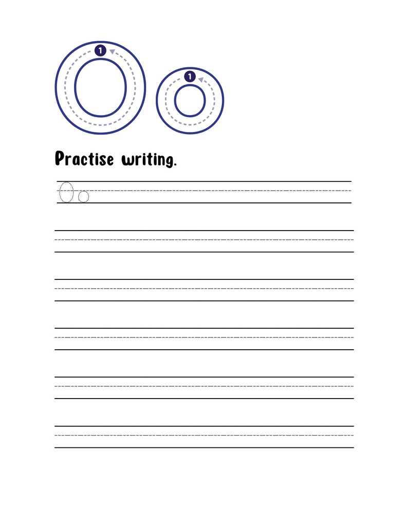 May include: A handwriting practice worksheet featuring a large uppercase and lowercase letter O at the top with directional arrows. Below the text "Practise writing," there are several sets of lined paper rows for tracing and writing the letter O.