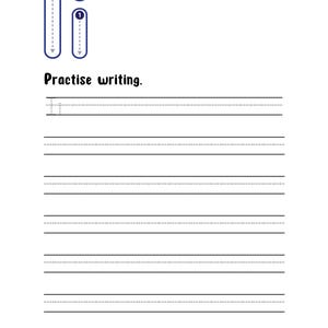 May include: A white educational worksheet for practicing the letter I. The top shows the uppercase and lowercase letter I with numbered arrows indicating stroke order. Below the text Practise writing, there are five sets of writing lines.