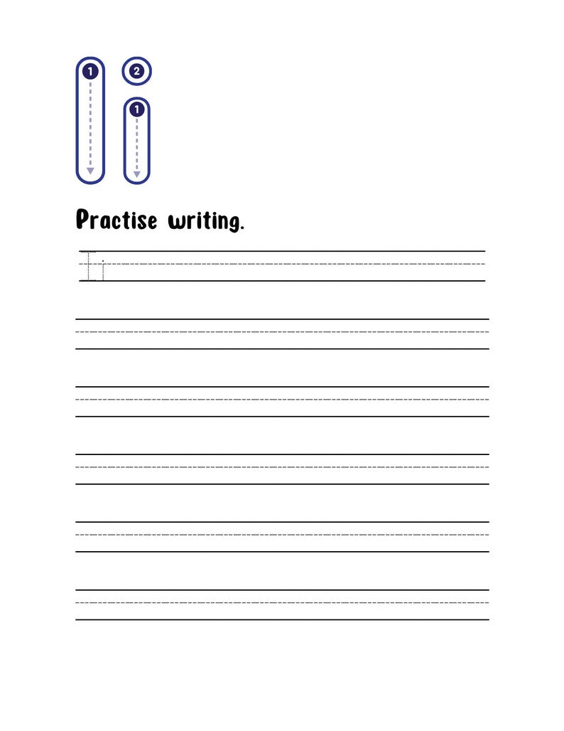 May include: A white educational worksheet for practicing the letter I. The top shows the uppercase and lowercase letter I with numbered arrows indicating stroke order. Below the text Practise writing, there are five sets of writing lines.