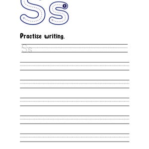May include: A white educational worksheet featuring the uppercase and lowercase letter S in a dark blue outline with directional arrows and numbered starting points. The text reads Practise writing, followed by a line with the letter S to trace.