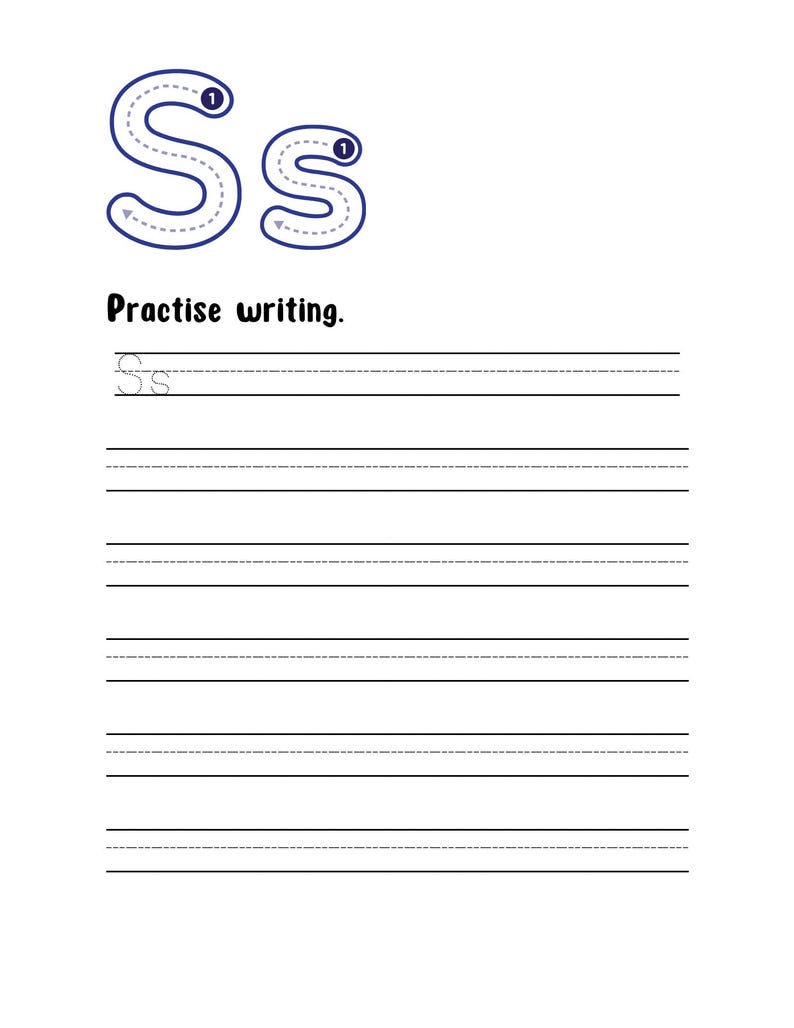 May include: A white educational worksheet featuring the uppercase and lowercase letter S in a dark blue outline with directional arrows and numbered starting points. The text reads Practise writing, followed by a line with the letter S to trace.