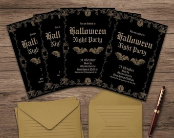 Edytowalny szablon zaproszenia na imprezę halloweenową w stylu vintage, gotycka noc, złoto i czerń, upiorna impreza dla dorosłych, cyfrowa