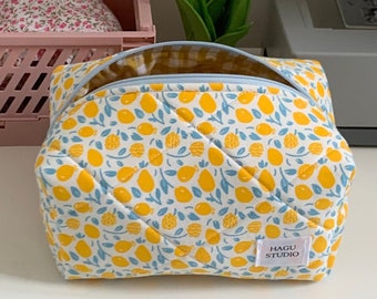 Bolsa de maquillaje estética, neceser acolchado para niña, bolsa de tela de limón, bonita bolsa de maquillaje de limón hecha a mano