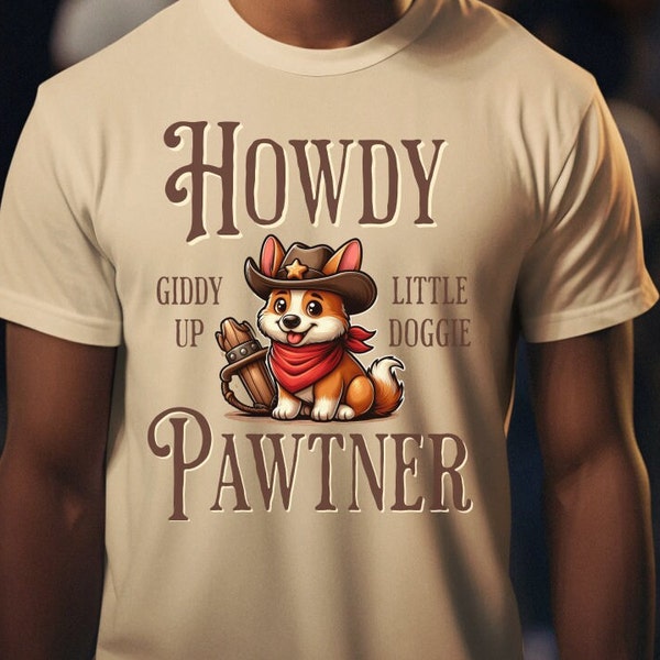 Cute Western Corgi Shirt, Howdy Pawtner Tshirt Gift for Dog Mom, Cottage Core Tricolor Corgi T Shirt